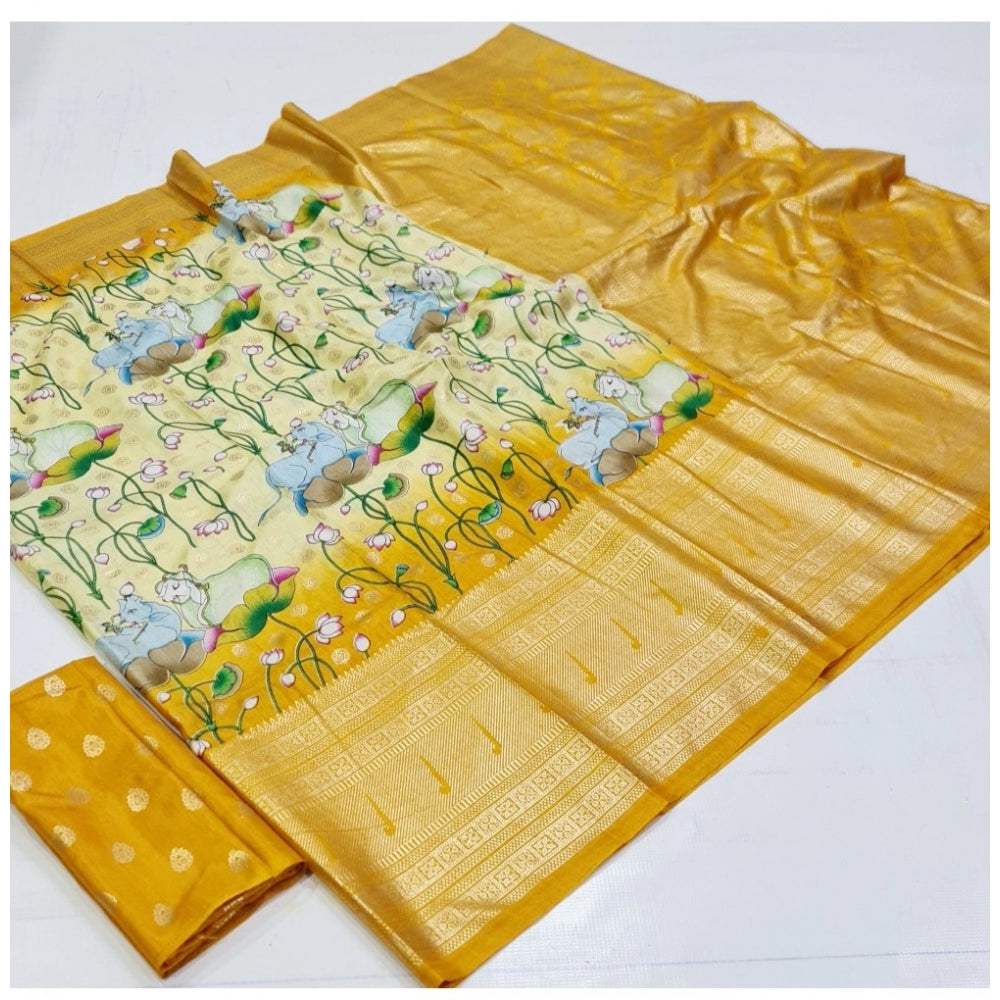 Generic Women's Art Silk Printed Saree With Unstitched Blouse (Yellow, 5-5 Mtrs)