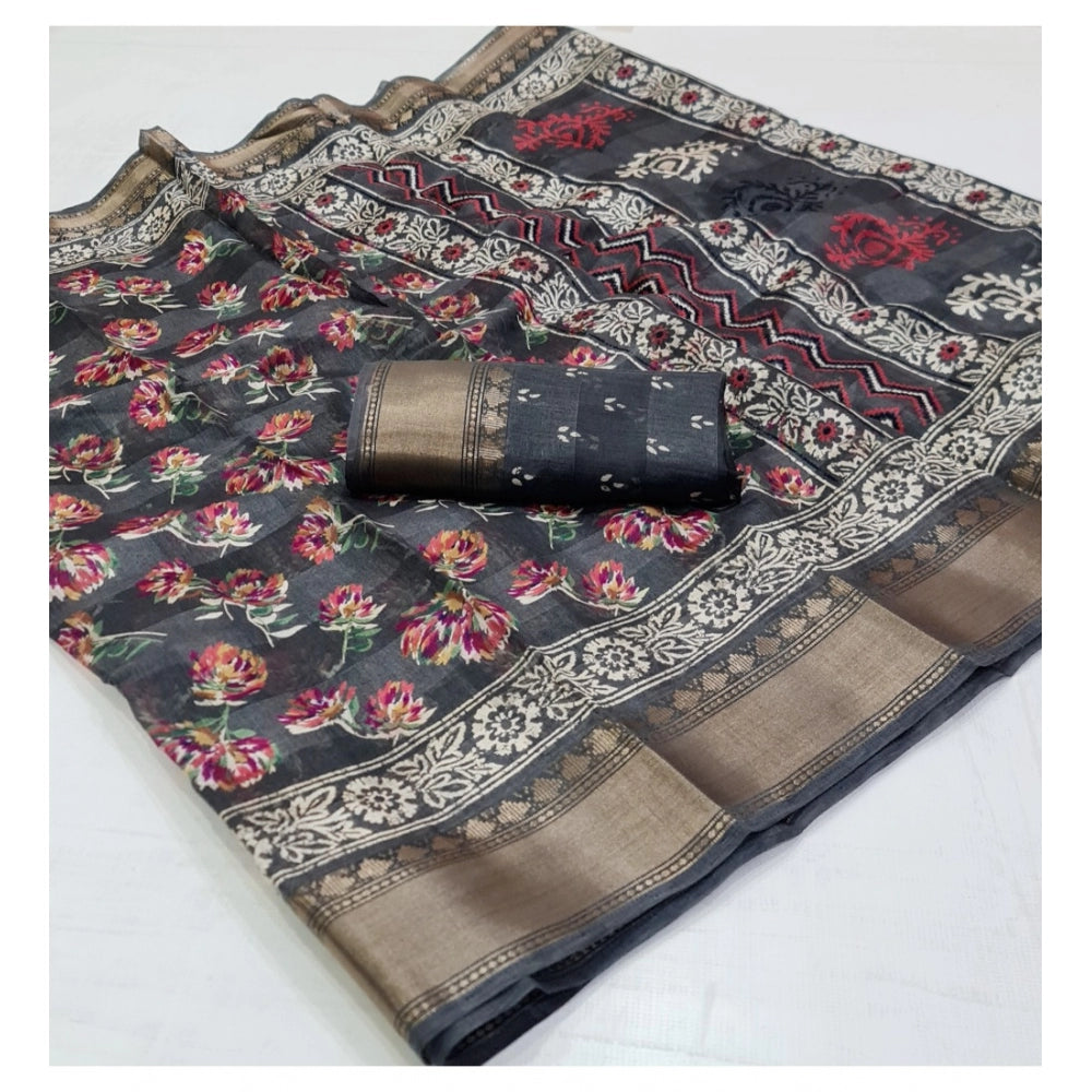 Generic Women's Cotton Printed Saree With Unstitched Blouse (Grey, 5-5 Mtrs)