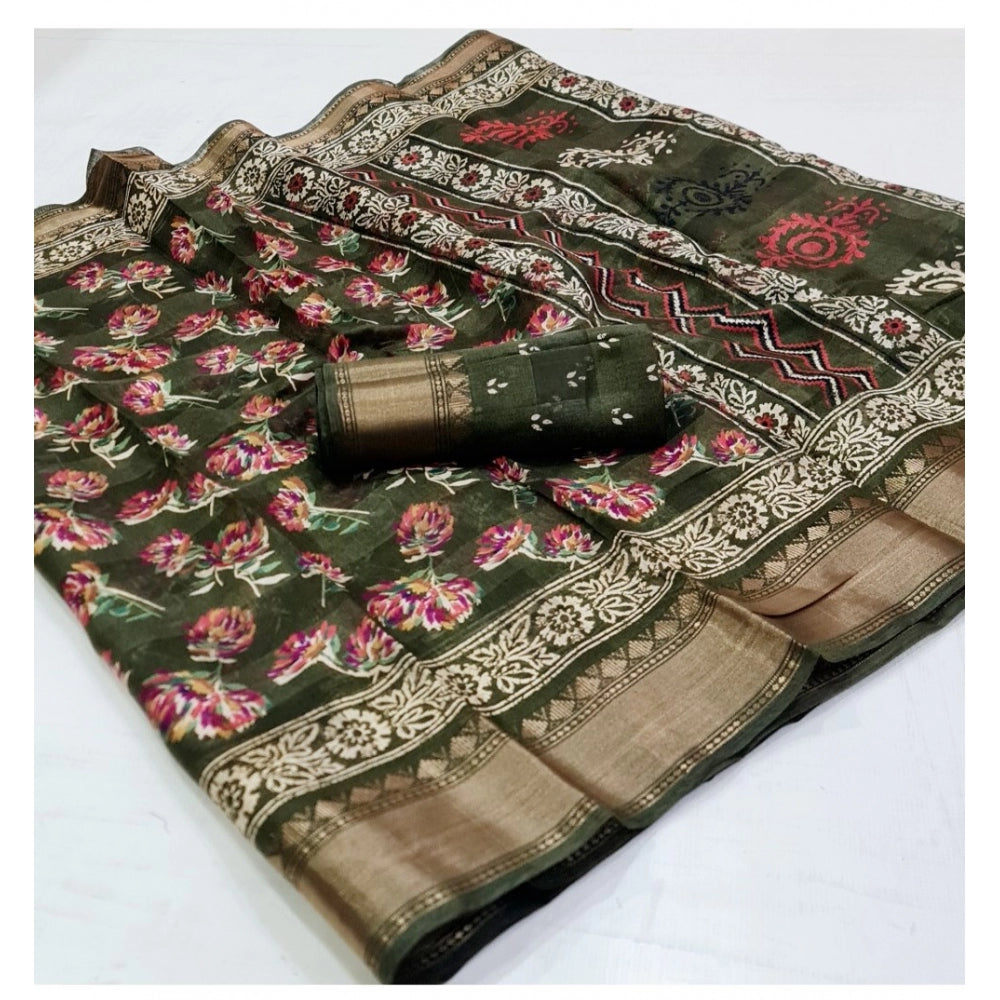 Generic Women's Cotton Printed Saree With Unstitched Blouse (Green, 5-5 Mtrs)