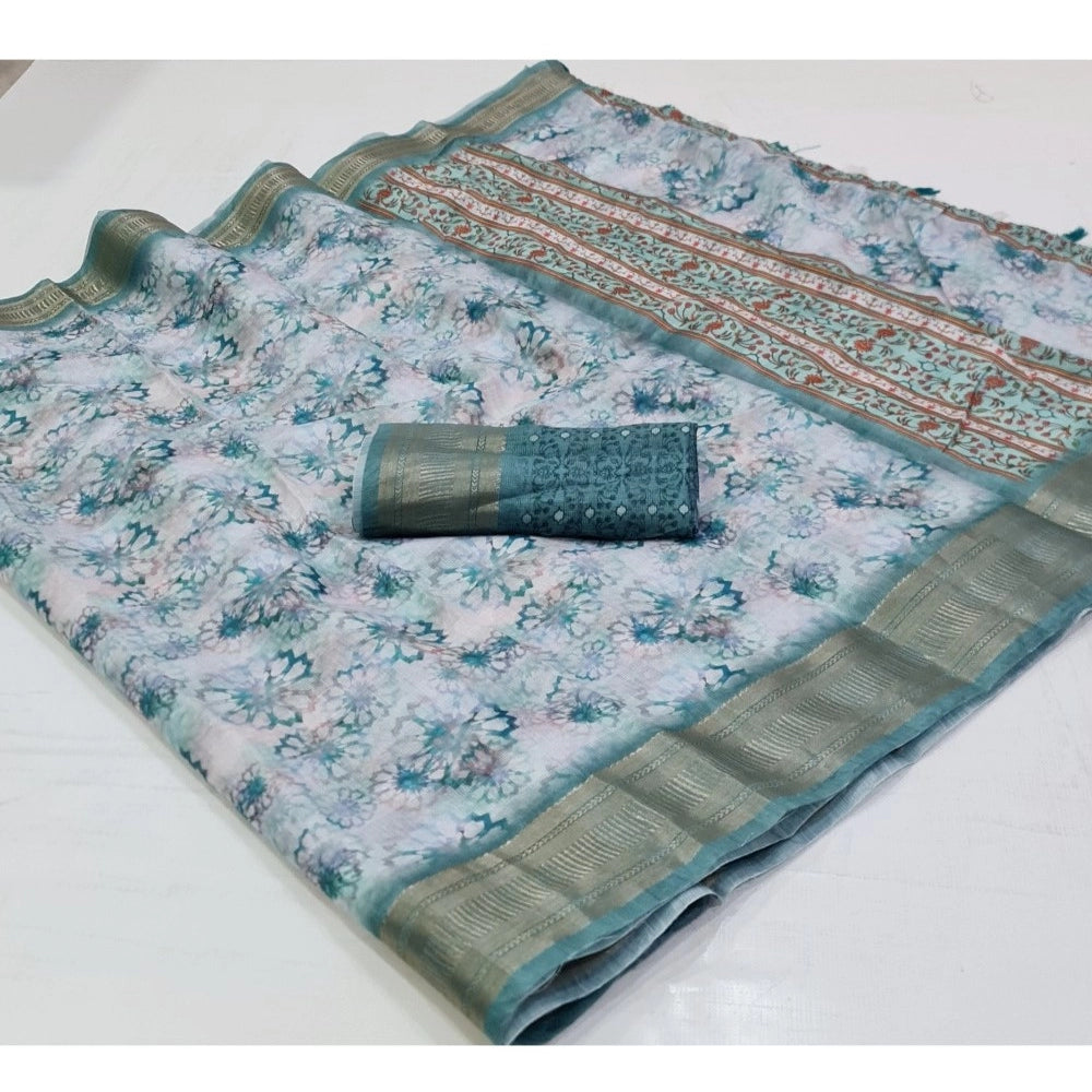 Generic Women's Cotton Printed Saree With Unstitched Blouse (Blue, 5-5 Mtrs)