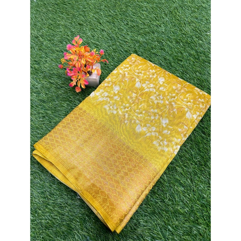 Generic Women's Linen Printed Saree With Unstitched Blouse (Yellow, 5-5 Mtrs)