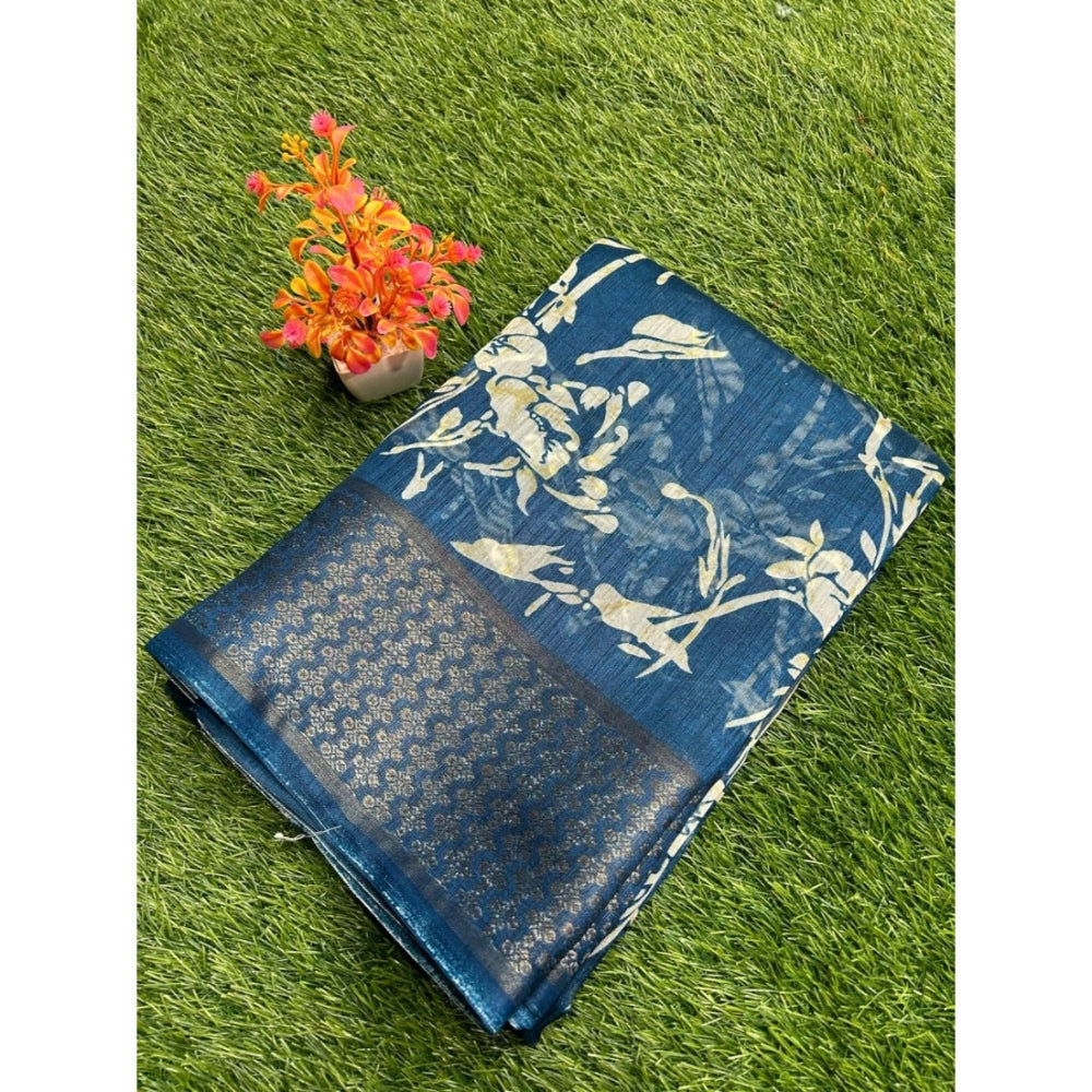 Generic Women's Cotton Printed Saree With Unstitched Blouse (Blue, 5-5 Mtrs)