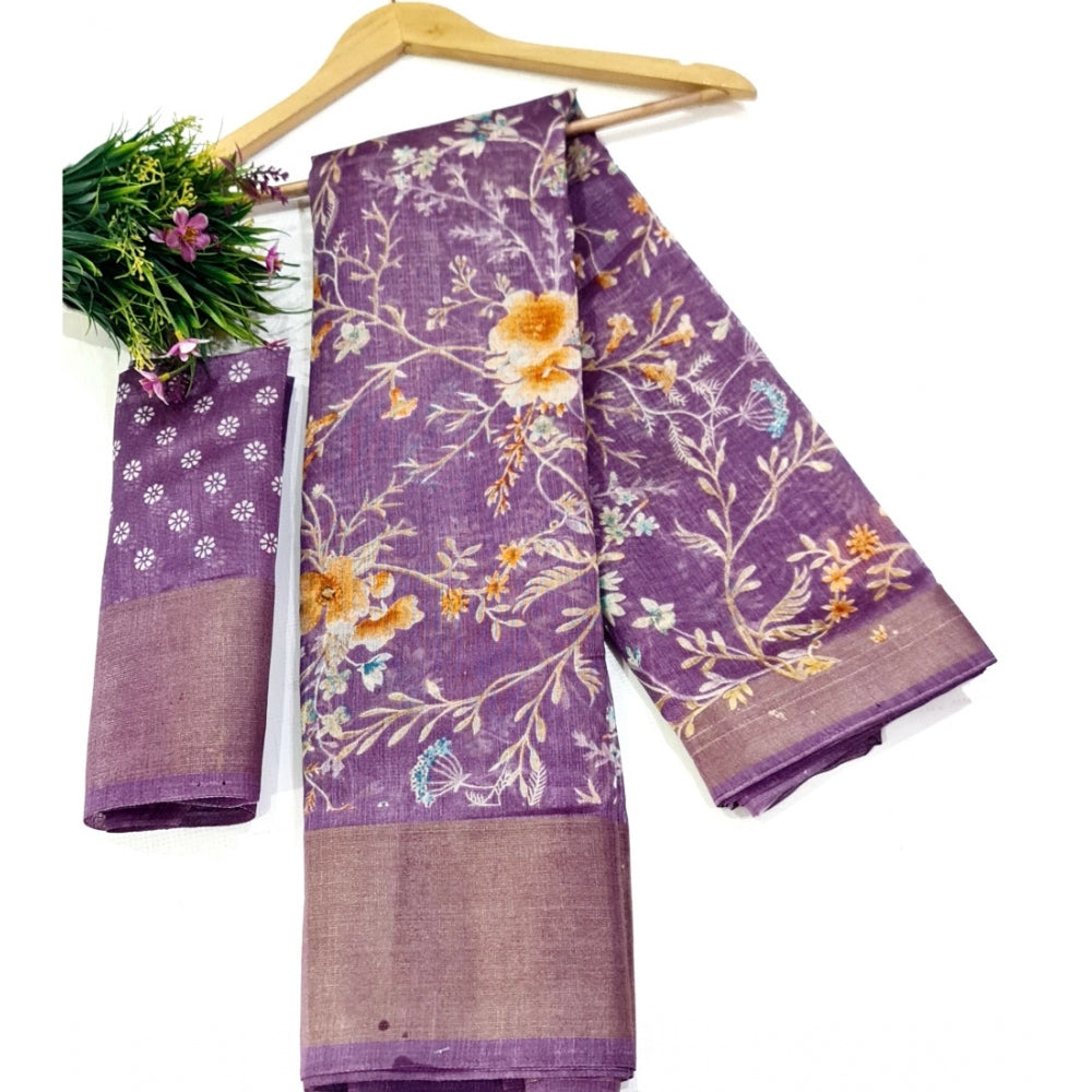 Generic Women's Cotton Printed Saree With Unstitched Blouse (Purple, 5-5 Mtrs)