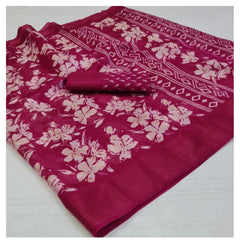 Generic Women's Cotton Printed Saree With Unstitched Blouse (Pink, 5-5 Mtrs)