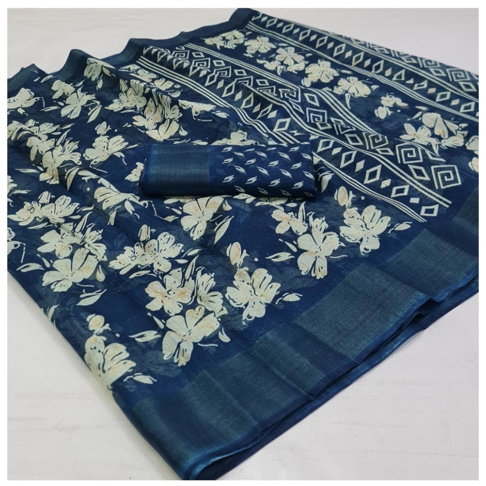 Generic Women's Cotton Printed Saree With Unstitched Blouse (Blue, 5-5 Mtrs)