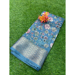 Generic Women's Cotton Printed Saree With Unstitched Blouse (Blue, 5-5 Mtrs)