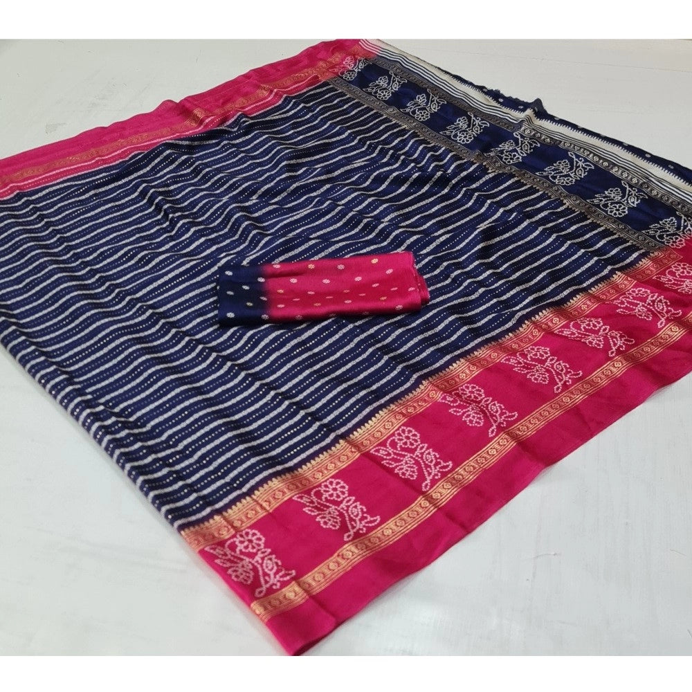 Generic Women's Cotton Printed Saree With Unstitched Blouse (Dark-Blue, 5-5 Mtrs)