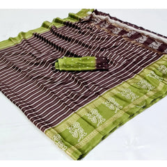 Generic Women's Cotton Printed Saree With Unstitched Blouse (Brown, 5-5 Mtrs)