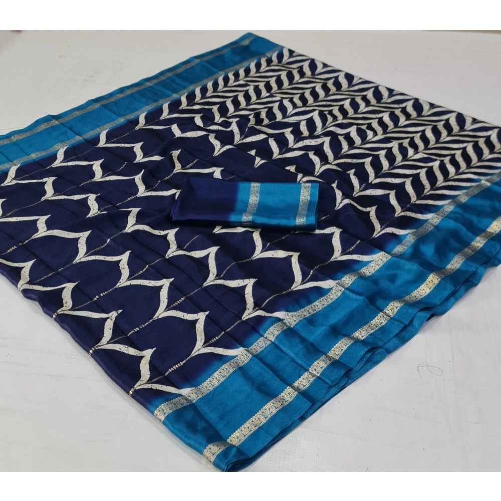 Generic Women's Cotton Printed Saree With Unstitched Blouse (Dark-Blue, 5-5 Mtrs)