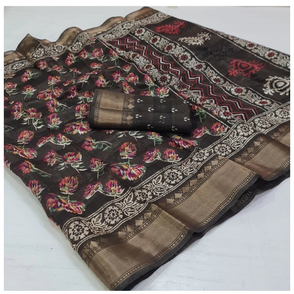 Generic Women's Cotton Printed Saree With Unstitched Blouse (Black, 5-5 Mtrs)