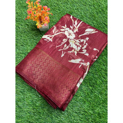 Generic Women's Cotton Printed Saree With Unstitched Blouse (Maroon, 5-5 Mtrs)