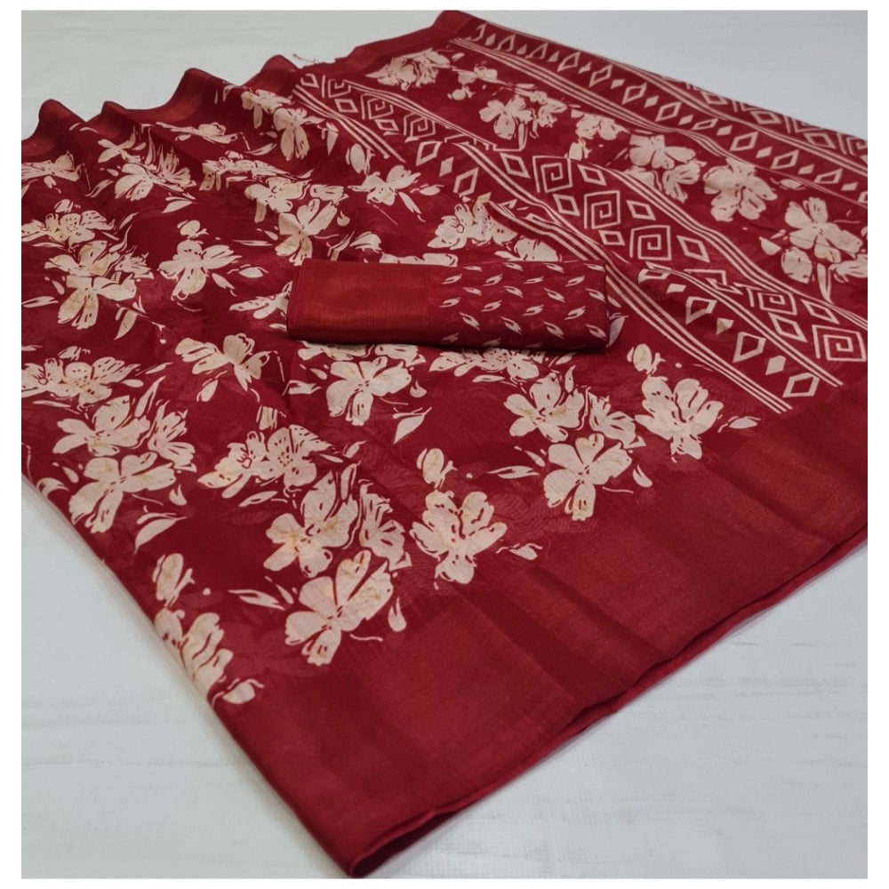 Generic Women's Cotton Printed Saree With Unstitched Blouse (Red, 5-5 Mtrs)