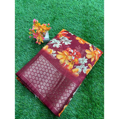 Generic Women's Cotton Printed Saree With Unstitched Blouse (Maroon, 5-5 Mtrs)