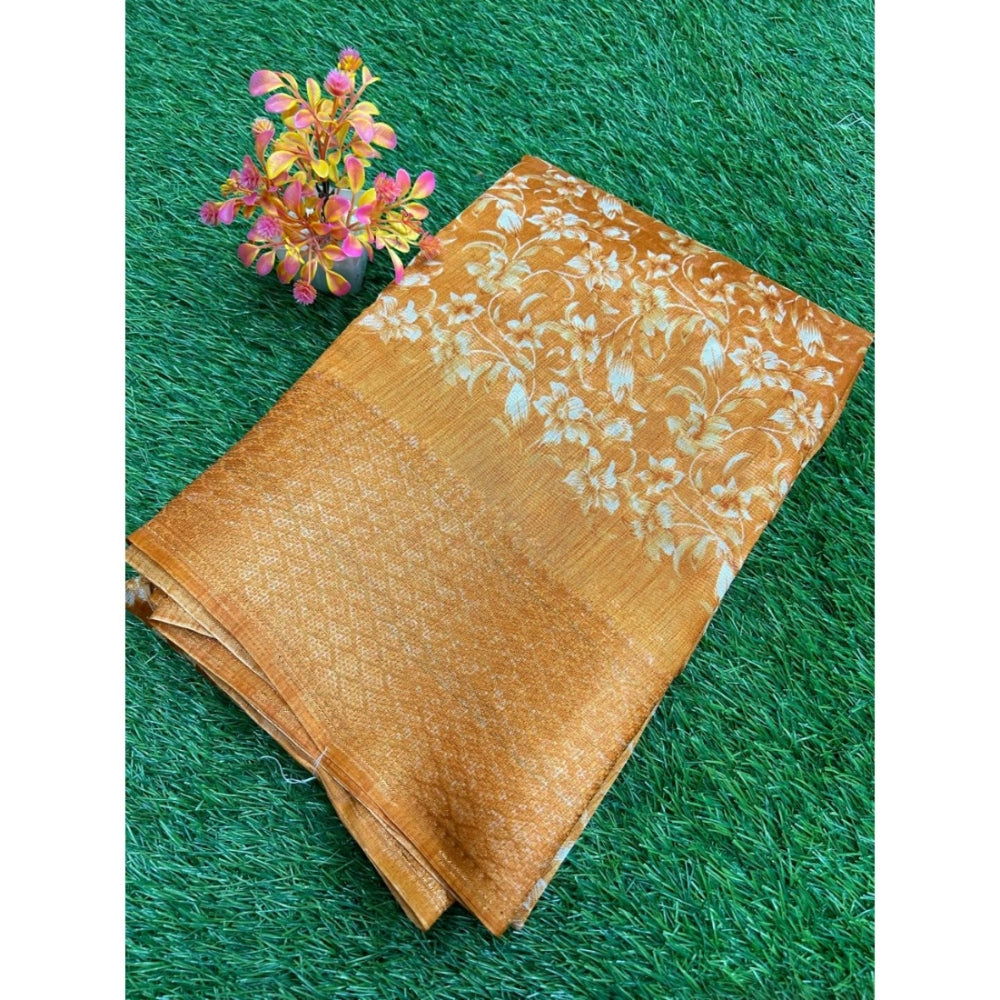 Generic Women's Linen Printed Saree With Unstitched Blouse (Orange, 5-5 Mtrs)