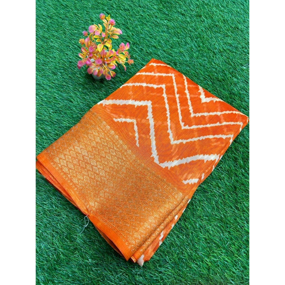 Generic Women's Linen Printed Saree With Unstitched Blouse (Orange, 5-5 Mtrs)