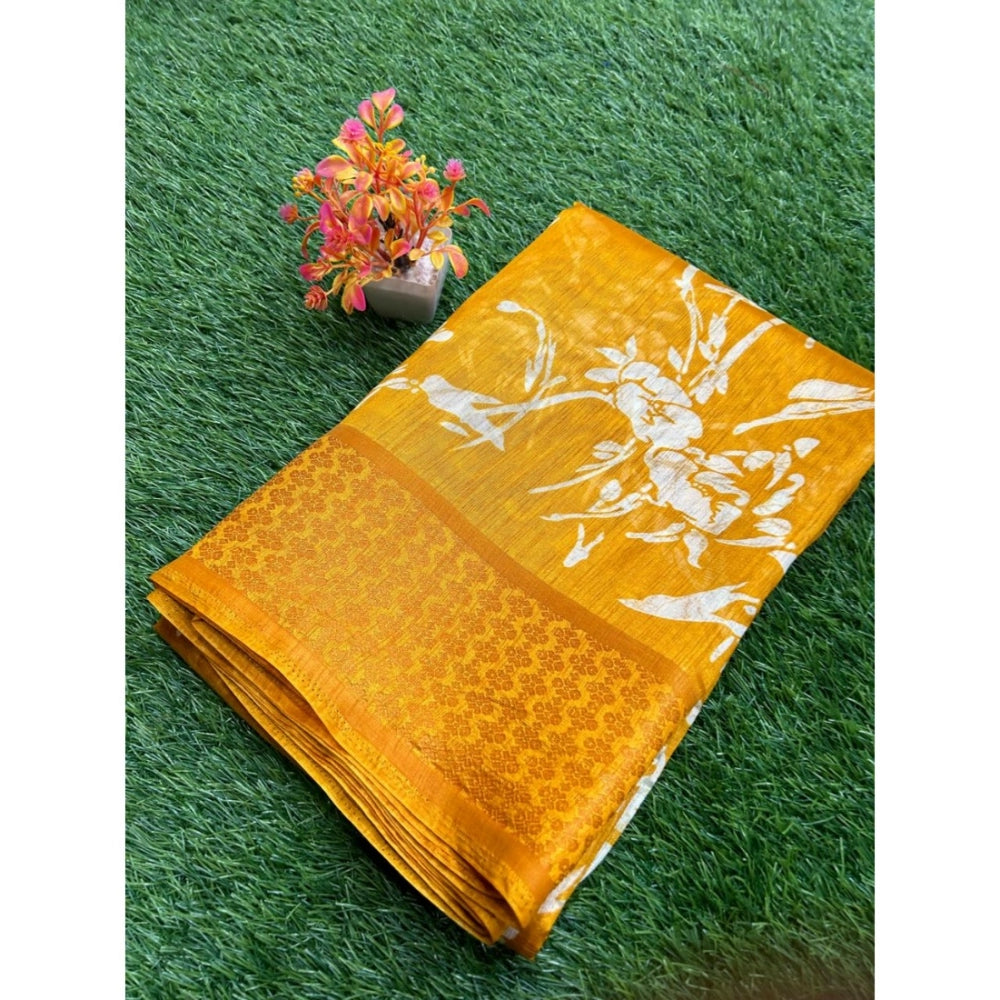 Generic Women's Cotton Printed Saree With Unstitched Blouse (Yellow, 5-5 Mtrs)