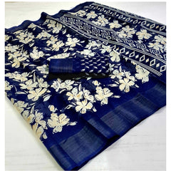 Generic Women's Cotton Printed Saree With Unstitched Blouse (Navy-Blue, 5-5 Mtrs)