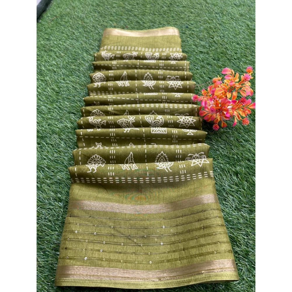 Generic Women's Art Silk Printed Saree With Unstitched Blouse (Dark-Green, 5-5 Mtrs)