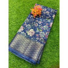 Generic Women's Cotton Printed Saree With Unstitched Blouse (Dark-Blue, 5-5 Mtrs)