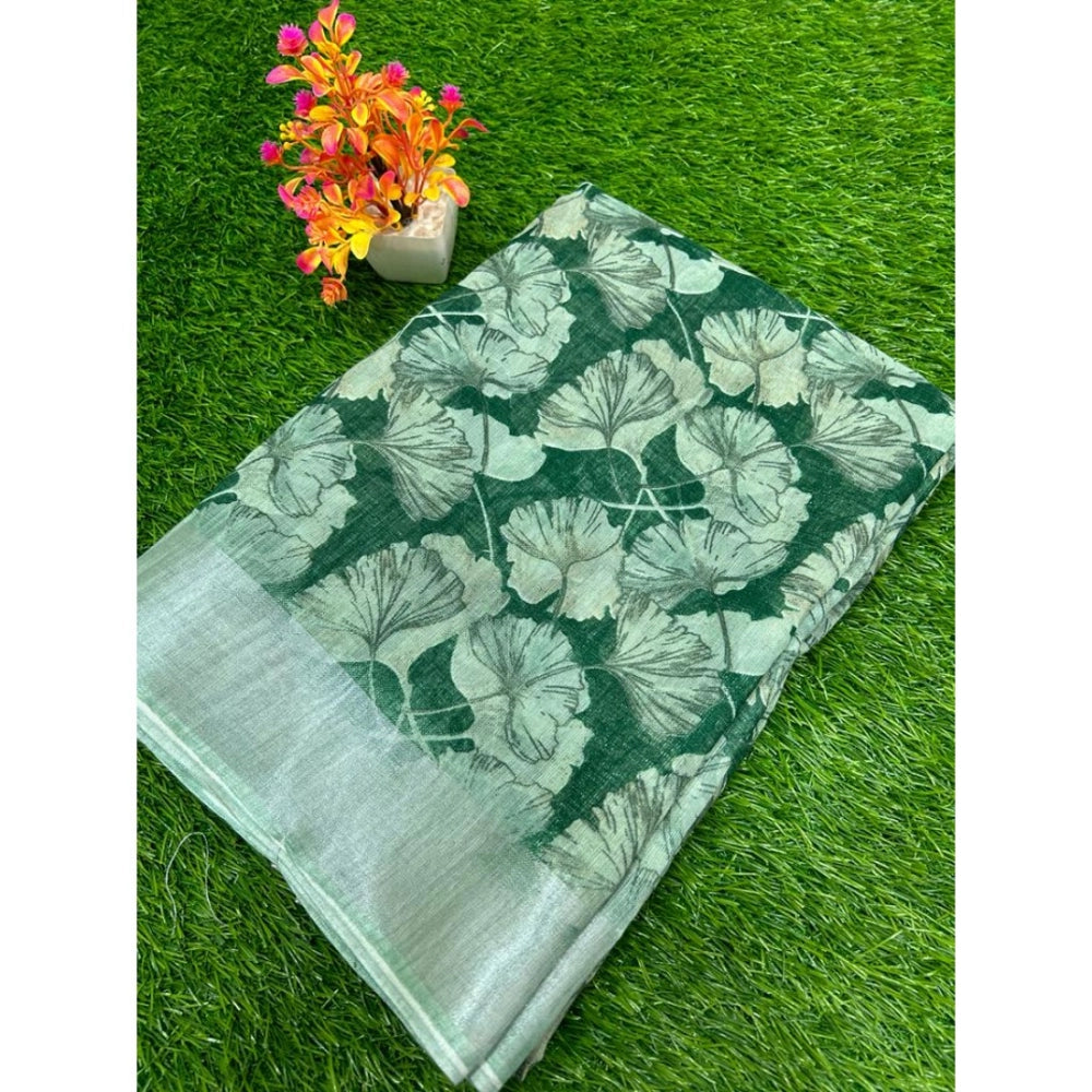 Generic Women's Linen Printed Saree With Unstitched Blouse (Green, 5-5 Mtrs)