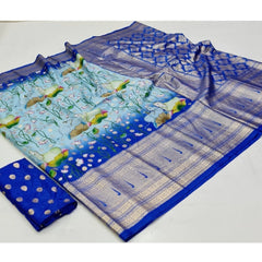 Generic Women's Art Silk Printed Saree With Unstitched Blouse (Blue, 5-5 Mtrs)