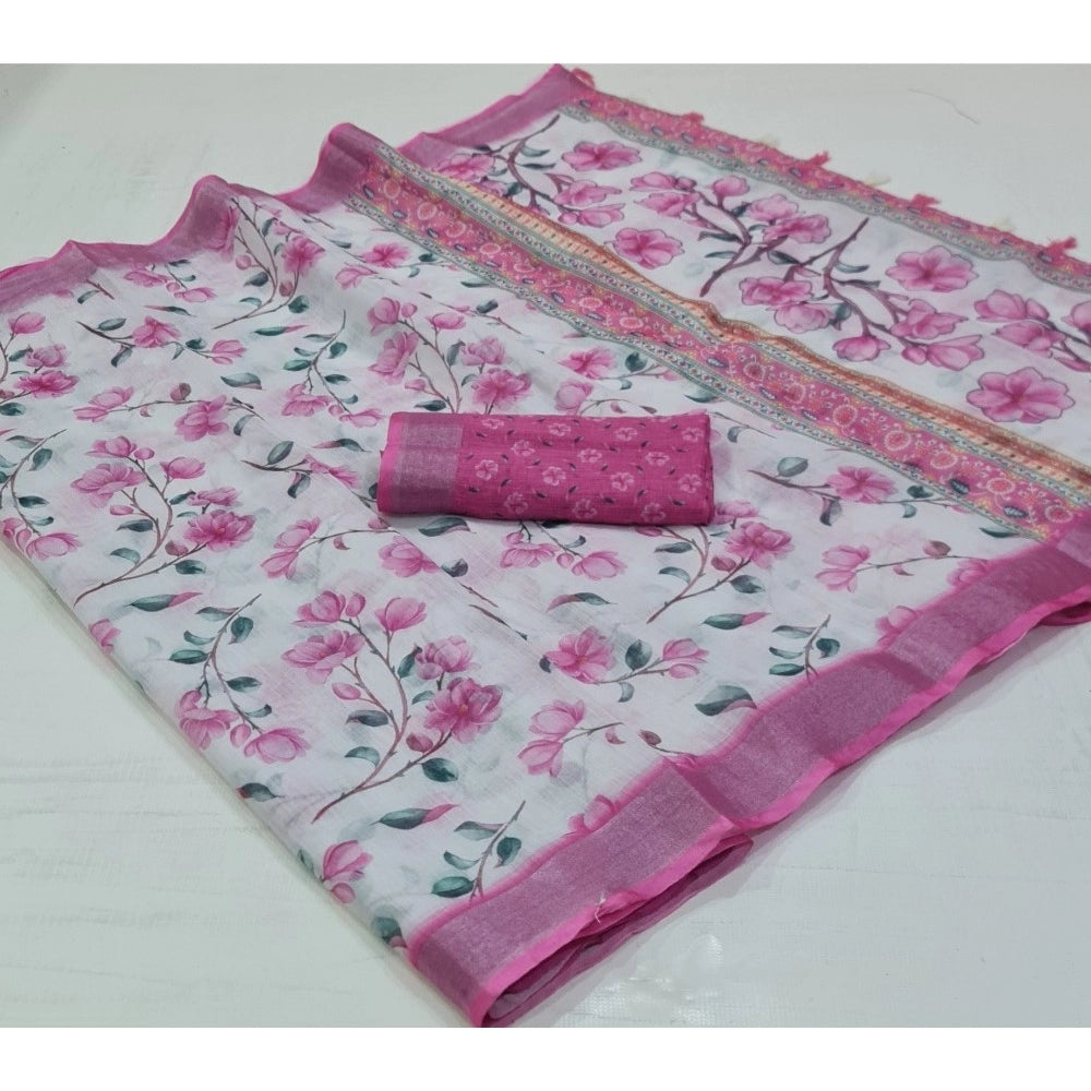 Generic Women's Cotton Printed Saree With Unstitched Blouse (Pink, 5-5 Mtrs)