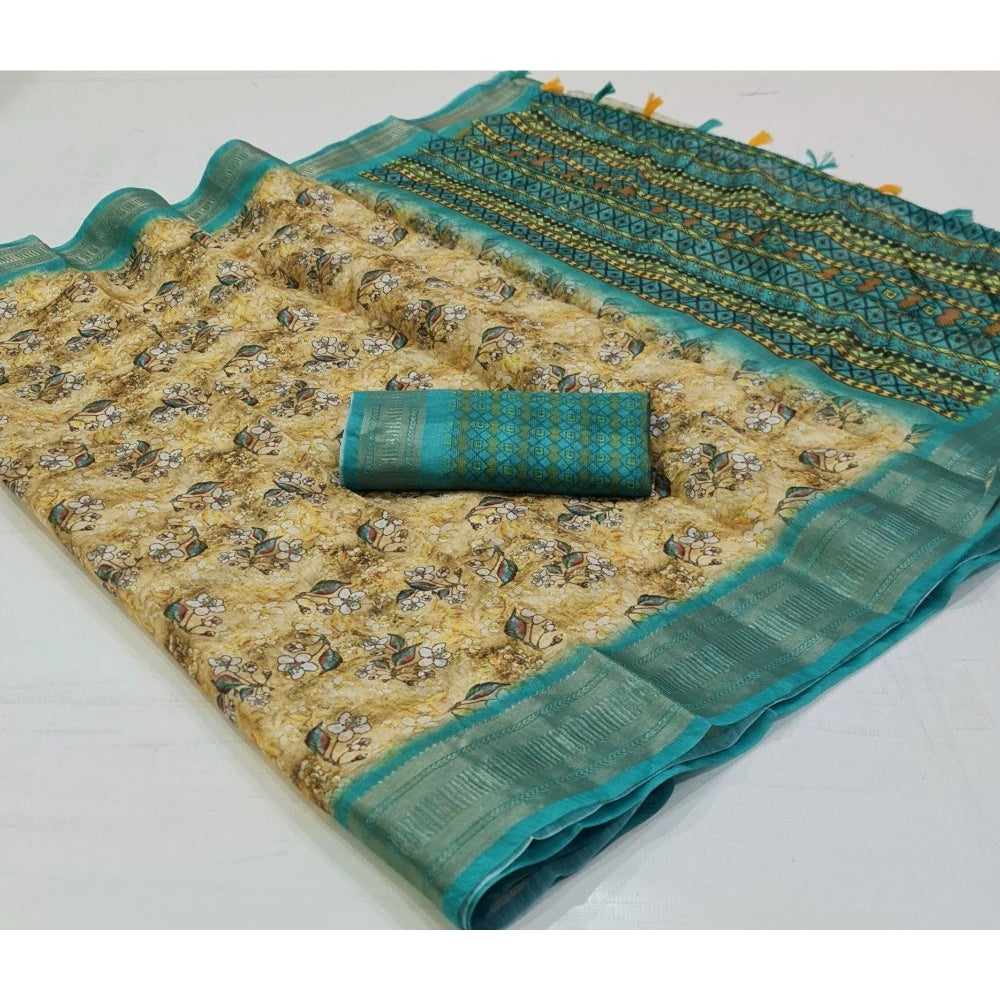 Generic Women's Cotton Printed Saree With Unstitched Blouse (Yellow, 5-5 Mtrs)