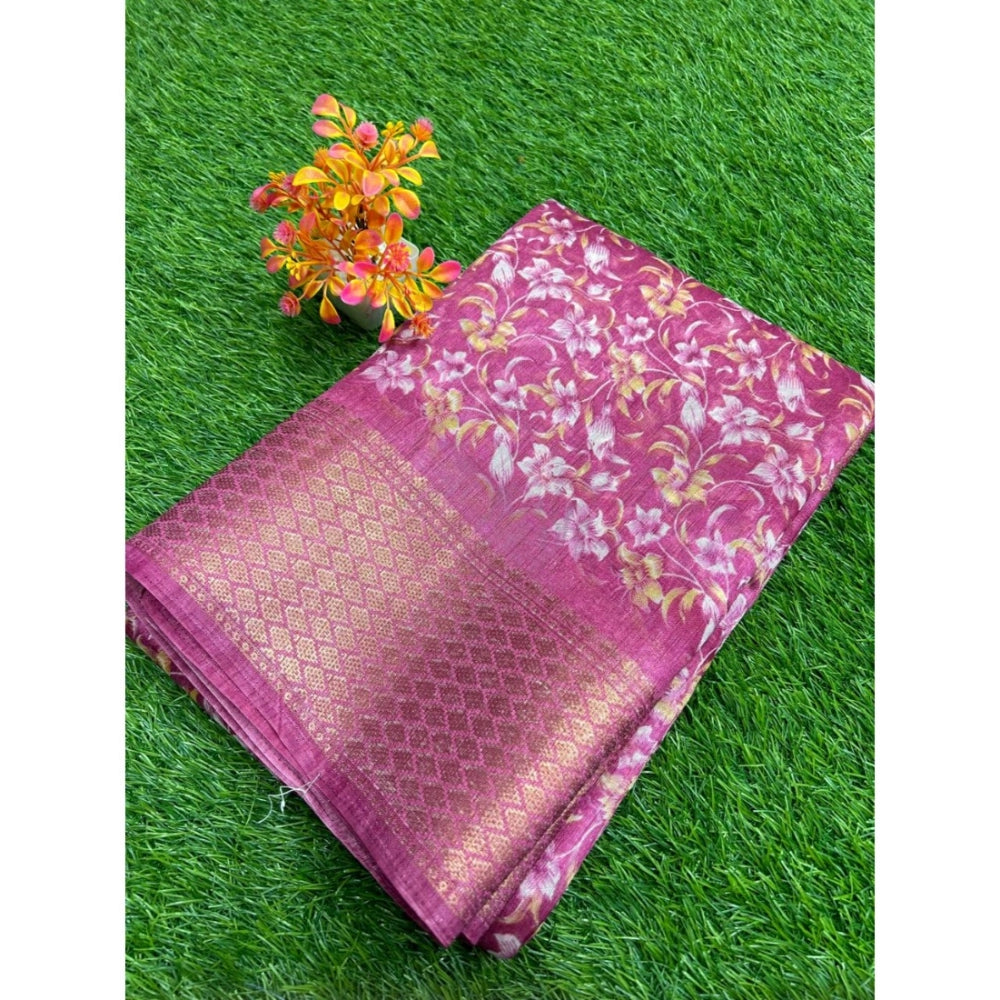 Generic Women's Linen Printed Saree With Unstitched Blouse (Pink, 5-5 Mtrs)