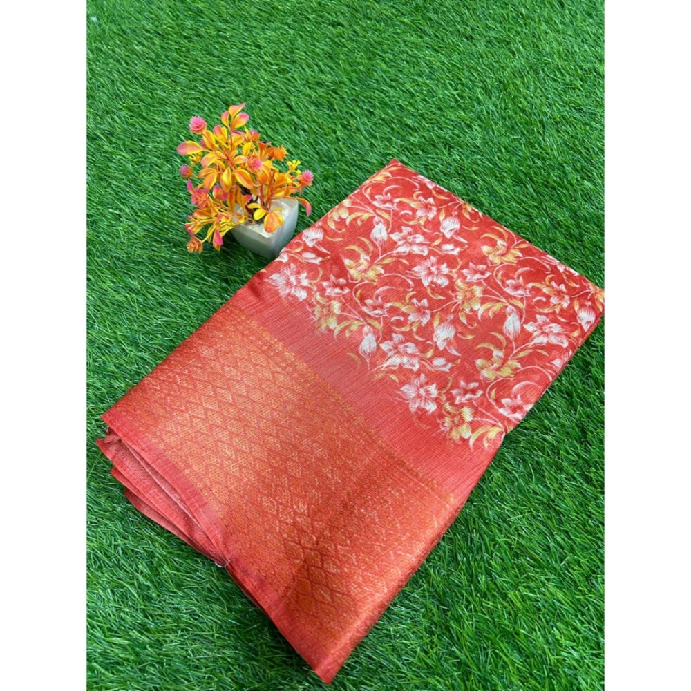 Generic Women's Linen Printed Saree With Unstitched Blouse (Red, 5-5 Mtrs)