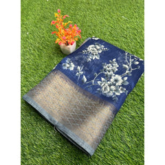 Generic Women's Linen Printed Saree With Unstitched Blouse (Dark-Blue, 5-5 Mtrs)