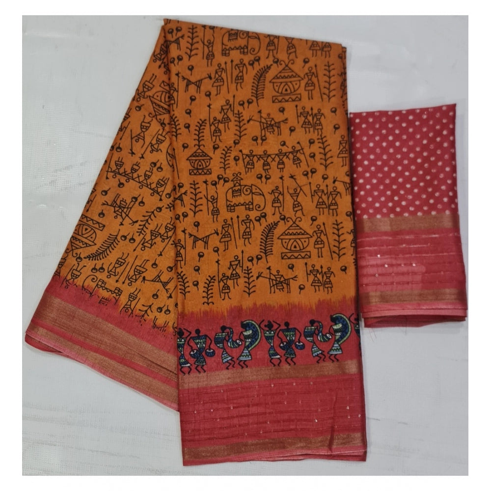 Generic Women's Cotton Printed Saree With Unstitched Blouse (Orange, 5-5 Mtrs)