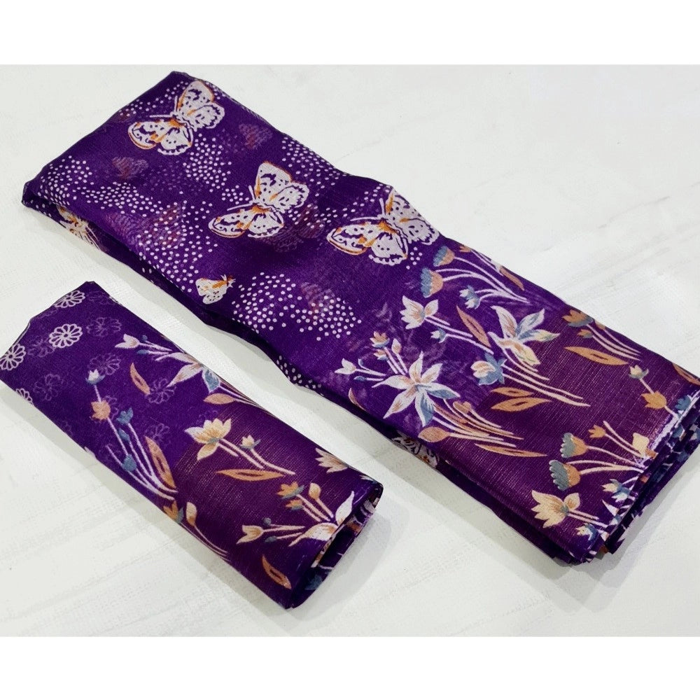 Generic Women's Cotton Printed Saree With Unstitched Blouse (Purple, 5-5 Mtrs)