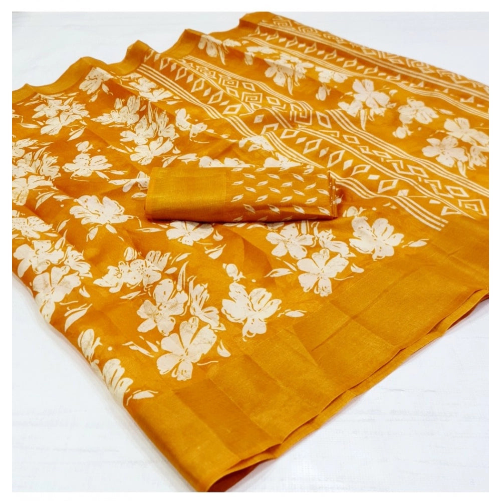 Generic Women's Cotton Printed Saree With Unstitched Blouse (Yellow, 5-5 Mtrs)