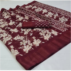 Generic Women's Cotton Printed Saree With Unstitched Blouse (Maroon, 5-5 Mtrs)