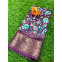 Generic Women's Cotton Printed Saree With Unstitched Blouse (Purple, 5-5 Mtrs)