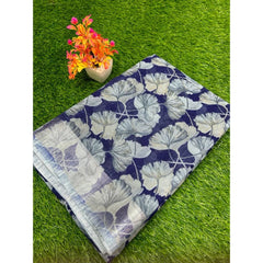 Generic Women's Linen Printed Saree With Unstitched Blouse (Navy-Blue, 5-5 Mtrs)