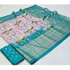 Generic Women's Art Silk Printed Saree With Unstitched Blouse (Light-Blue, 5-5 Mtrs)