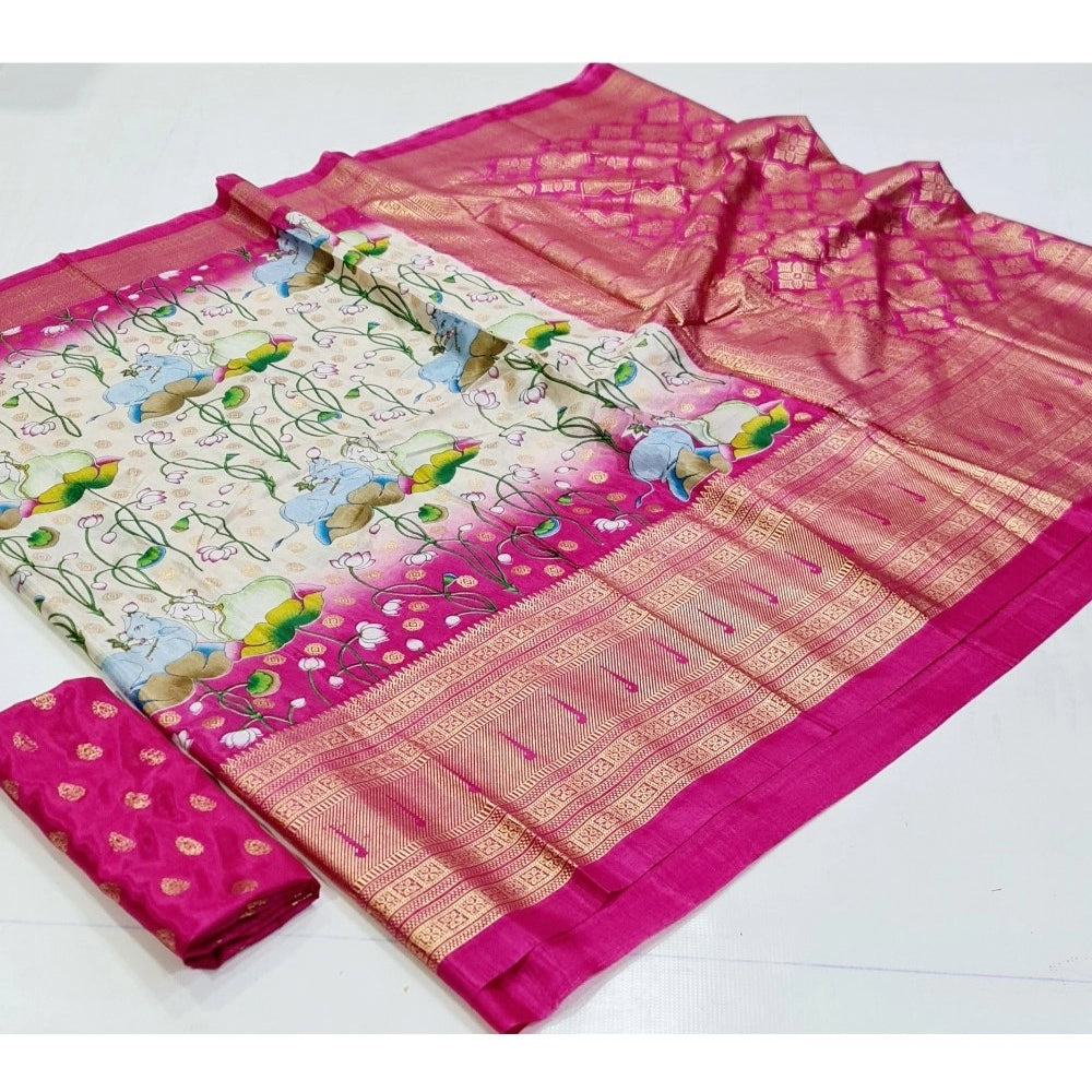 Generic Women's Art Silk Printed Saree With Unstitched Blouse (Pink, 5-5 Mtrs)