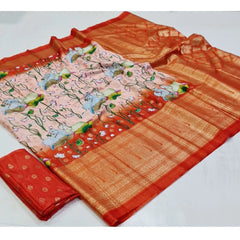 Generic Women's Art Silk Printed Saree With Unstitched Blouse (Orange, 5-5 Mtrs)