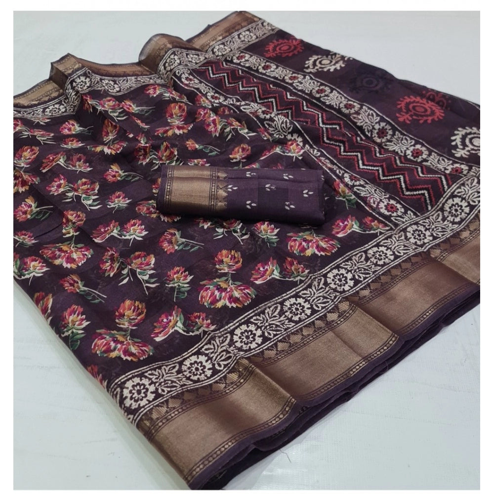 Generic Women's Cotton Printed Saree With Unstitched Blouse (Wine, 5-5 Mtrs)