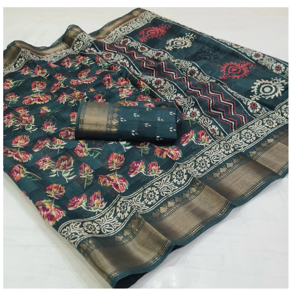 Generic Women's Cotton Printed Saree With Unstitched Blouse (Teal, 5-5 Mtrs)