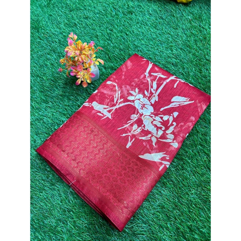 Generic Women's Cotton Printed Saree With Unstitched Blouse (Red, 5-5 Mtrs)