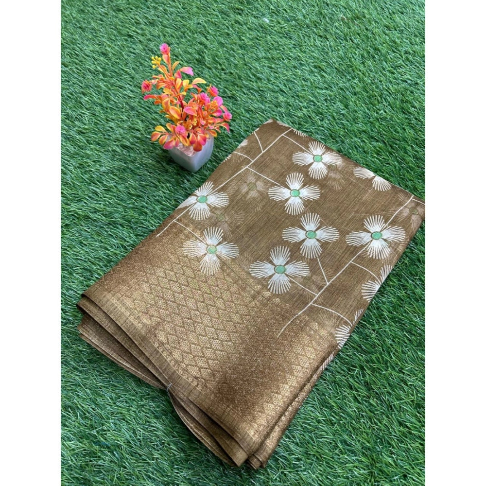 Generic Women's Cotton Printed Saree With Unstitched Blouse (Brown, 5-5 Mtrs)