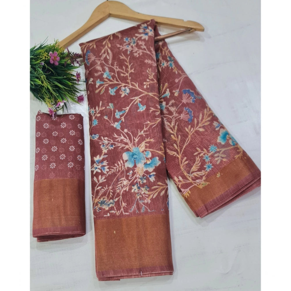 Generic Women's Cotton Printed Saree With Unstitched Blouse (Peach, 5-5 Mtrs)