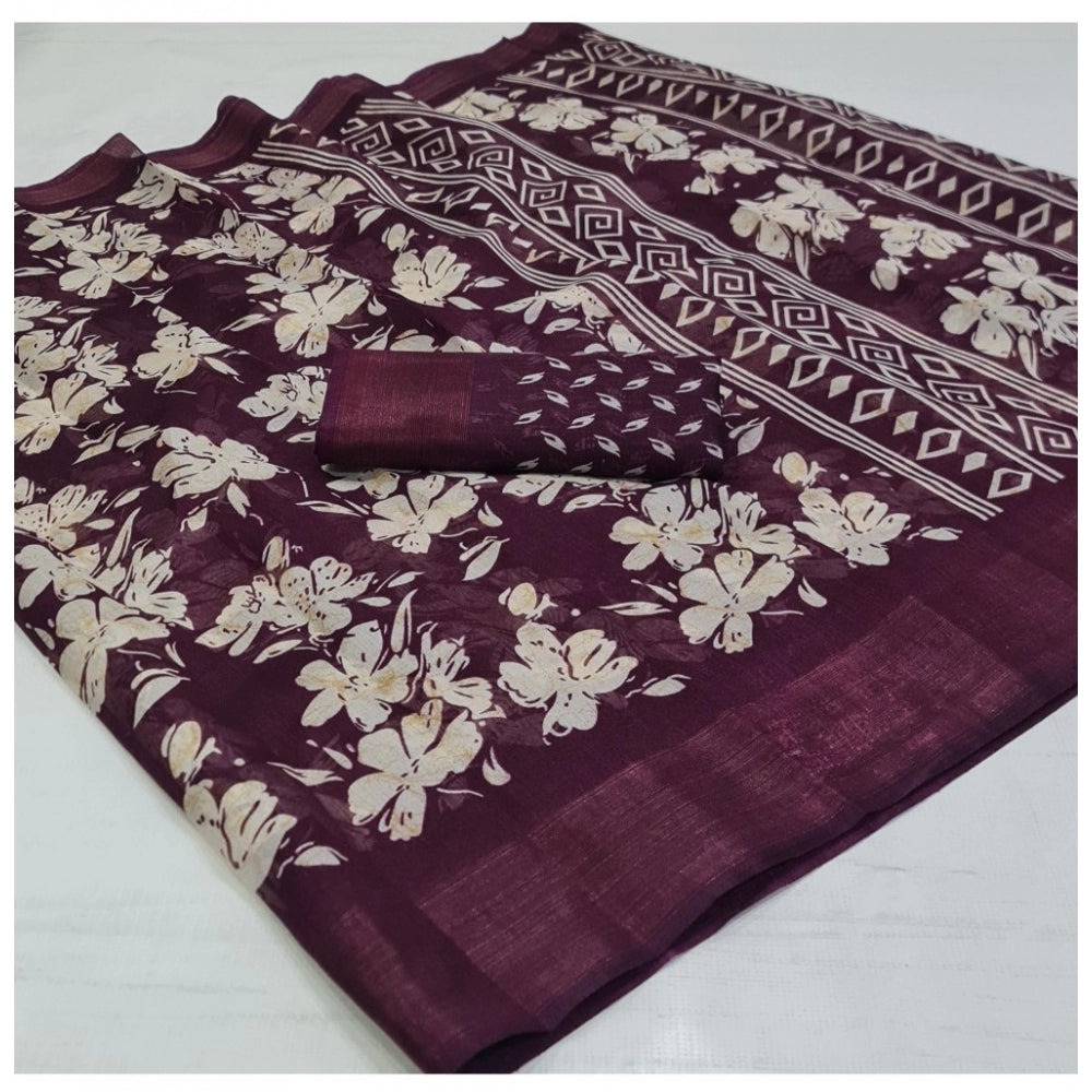 Generic Women's Cotton Printed Saree With Unstitched Blouse (Wine, 5-5 Mtrs)