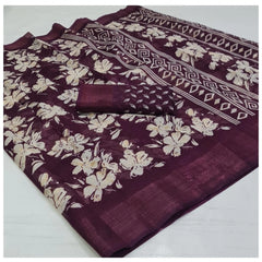 Generic Women's Cotton Printed Saree With Unstitched Blouse (Wine, 5-5 Mtrs)