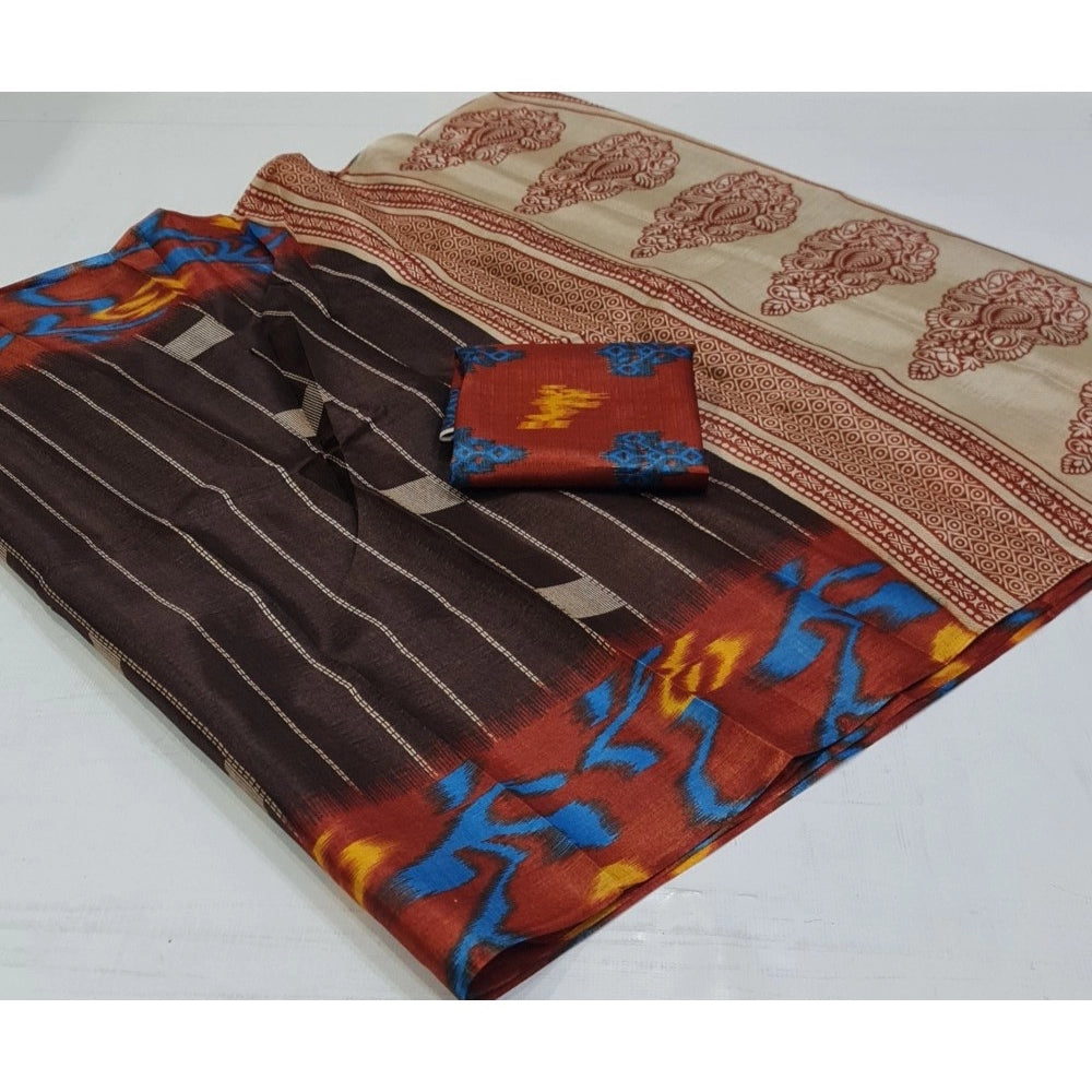 Generic Women's Cotton Silk Printed Saree With Unstitched Blouse (Brown, 5-5 Mtrs)