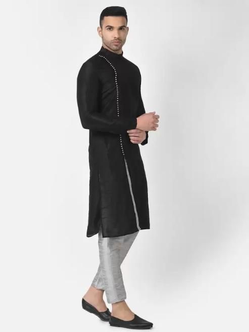 AHBABI Pyjama-Set für Herren aus Dupionseide mit Schlitz im Kurta-Stil, Schwarz-Silber