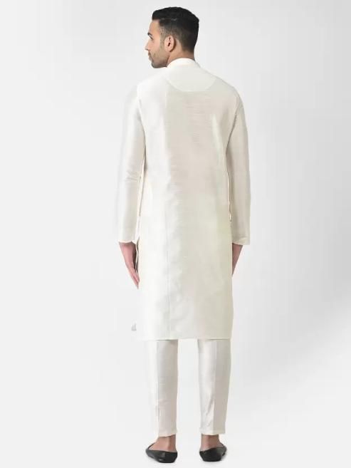 AHBABI Pyjama-Set für Herren aus einfarbiger Dupionseide, Kurta, Off-White