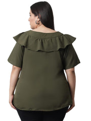 Flambeur Women's Plus Size Solid Olive Half Sleeve Top